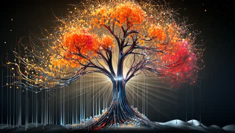 vibrant autumn tree with glowing orbs in an artistic night setting
