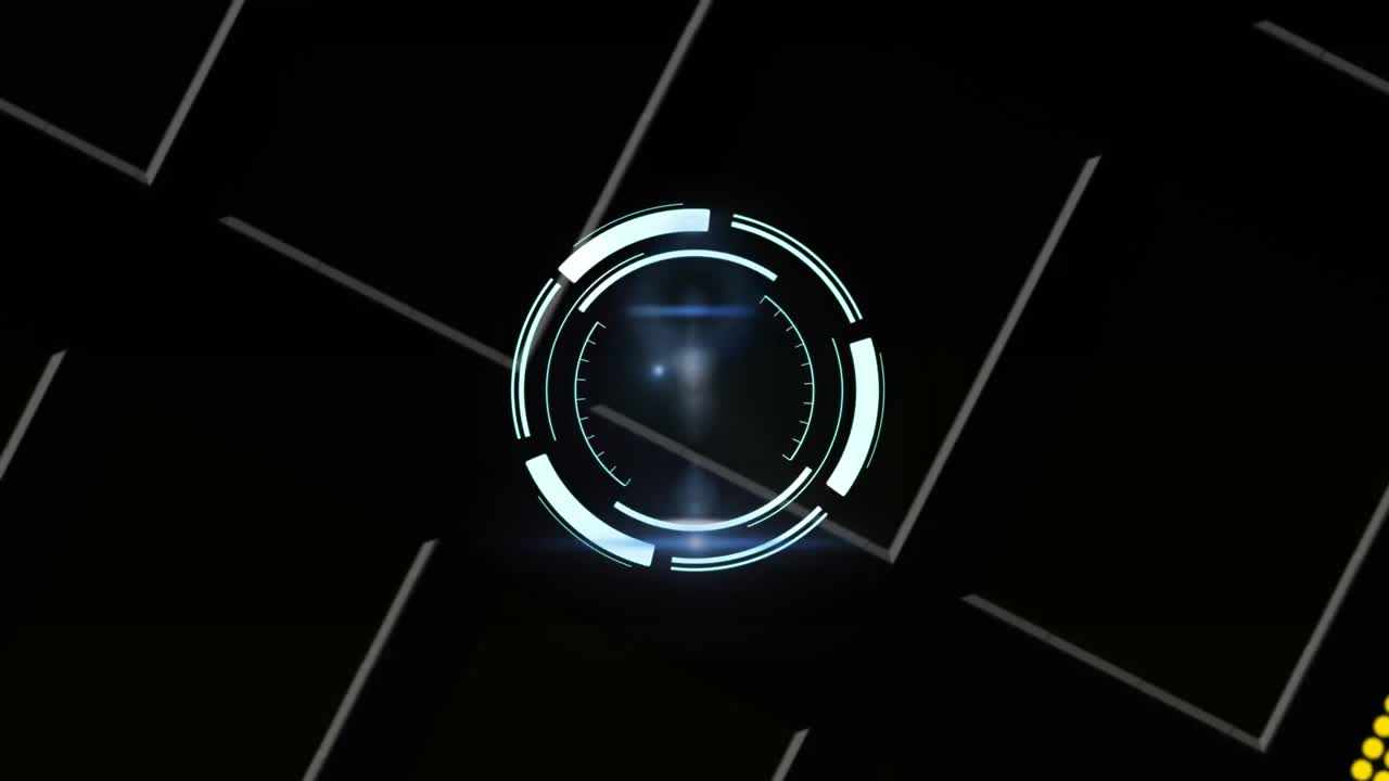 Digital animation of neon round scanner against white lines on black background