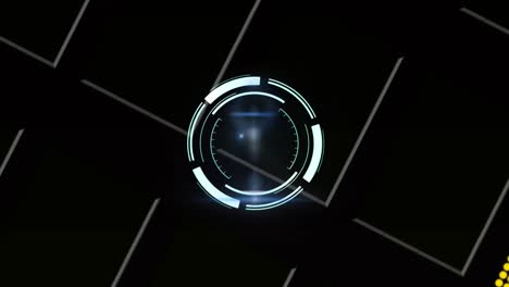 digital animation of neon round scanner against white lines on black background