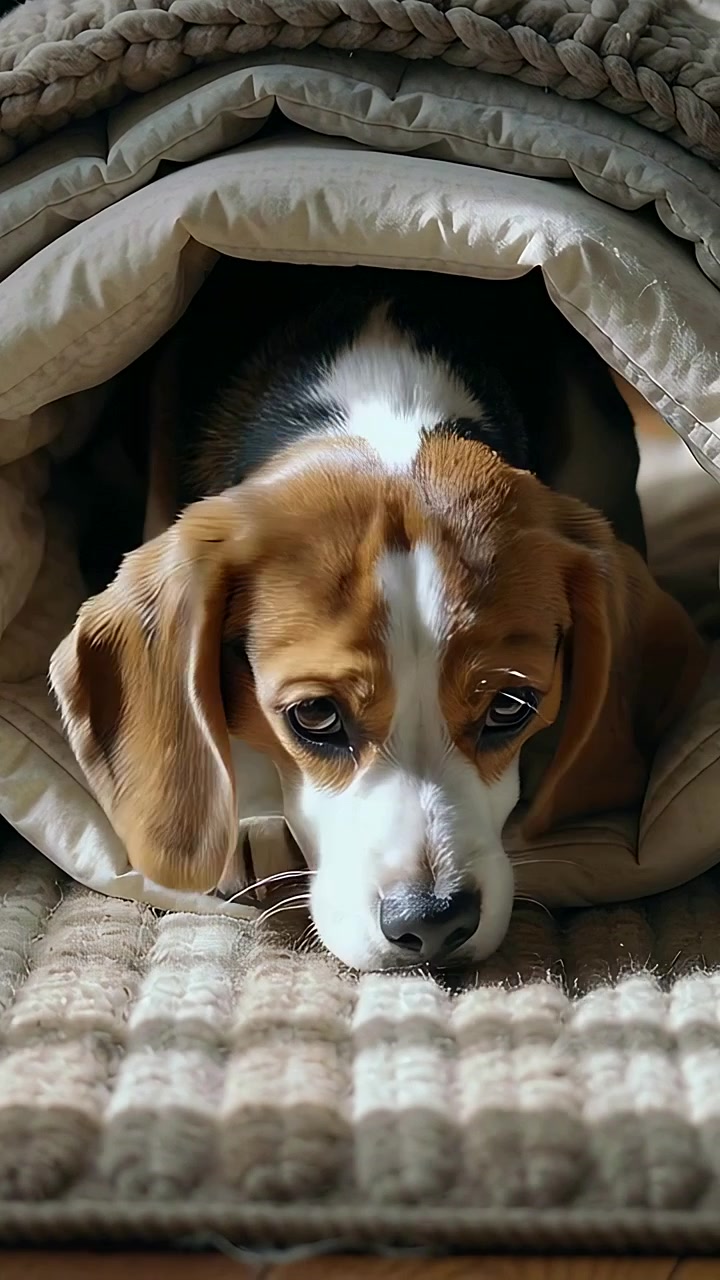 Vídeo vertical: Beagle espreitando e reagindo ao sol, levantando a cabeça de um túnel de edredom sobre um tapete em casa