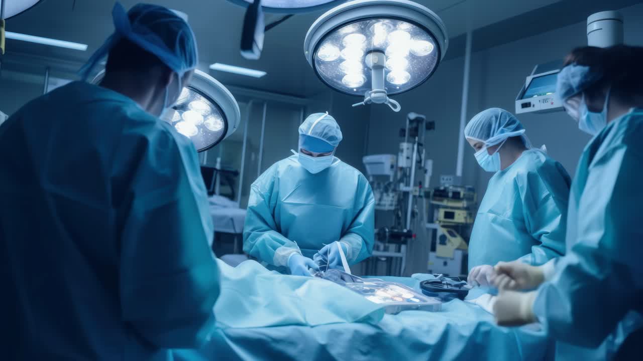 Aerial view of surgeons in a sterile operating room, captured in a cinematic video style