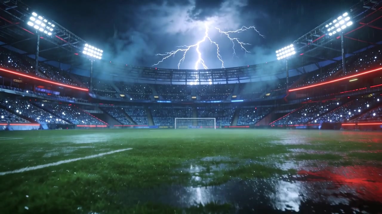 La telecamera si allontana rivelando un pallone da calcio giallo neon che scivola su un campo bagnato verso una porta illuminata da un temporale.