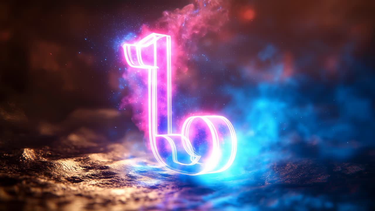 Bright neon key glowing in a dark space. A vibrant neon key floats amidst colorful swirling mist in a dark background, creating a mystical atmosphere.