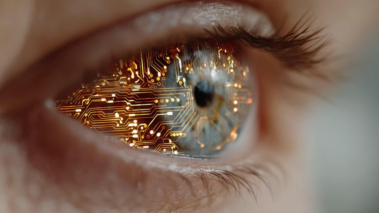 A Fascinating Close-Up of a Human Eye Embedded with Intricate Circuit Patterns, Symbolizing the Intersection of Technology and Humanity in the Digital Age