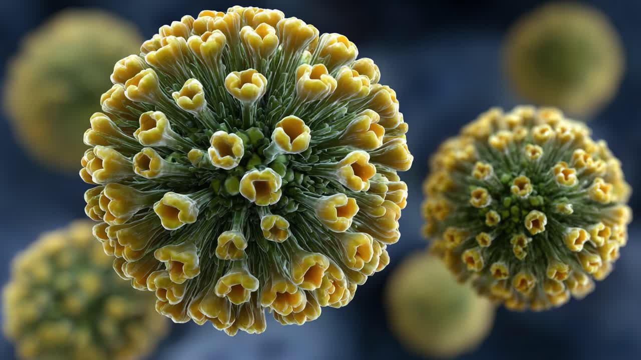 Detailed Close-Up of a Viral Structure Showcasing Its Unique Morphology and Distinctive Features, Capturing Nature's Intricate Micro-World