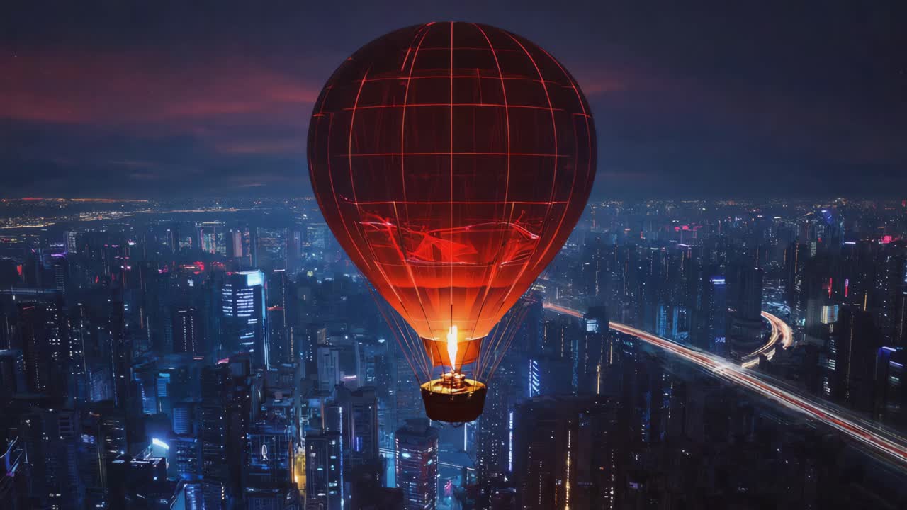 Hot Air Balloon Over City at Night