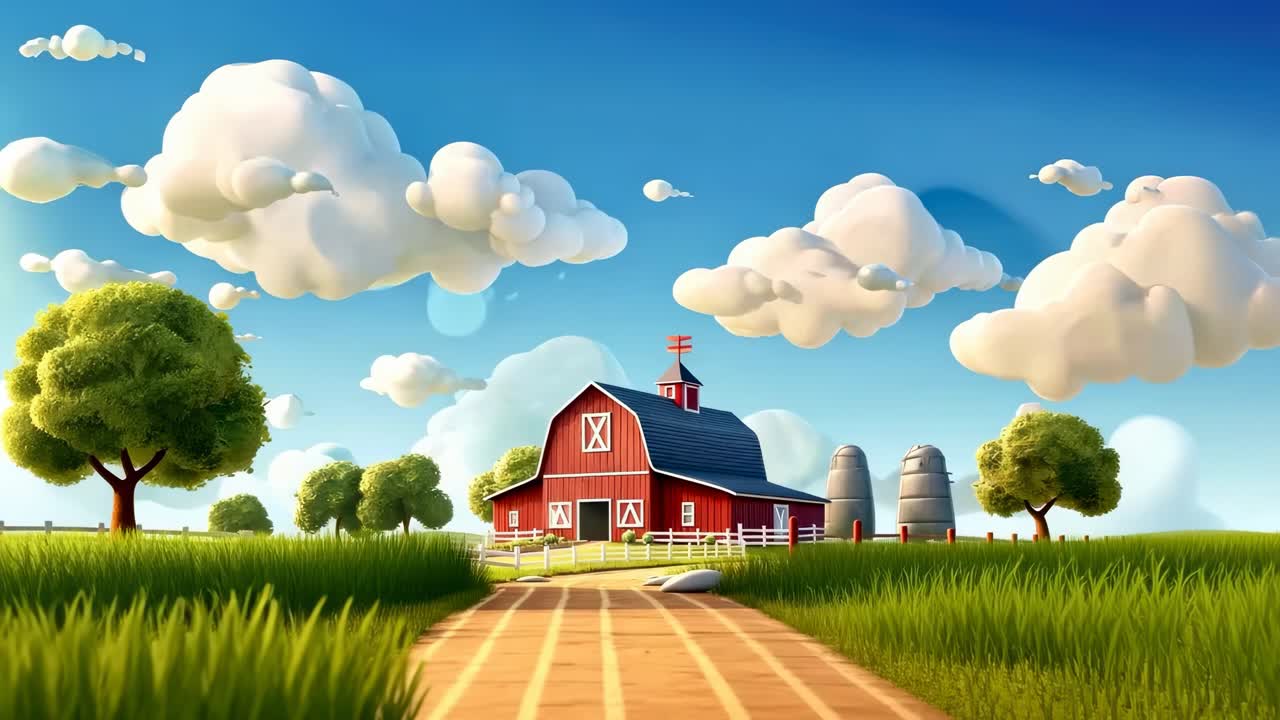 Whimsical farm scene in a video game style, featuring a red barn and silos