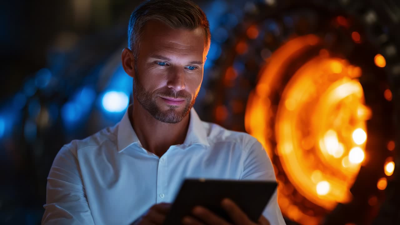 Un professionista aziendale utilizza con attenzione un dispositivo digitale, sullo sfondo di calde tonalità industriali illuminate, in una perfetta combinazione di tecnologia moderna e concentrazione.