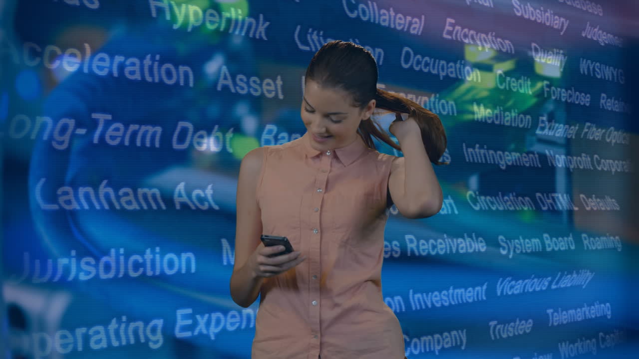 animación de una mujer caucásica usando un teléfono inteligente en la sala del servidor