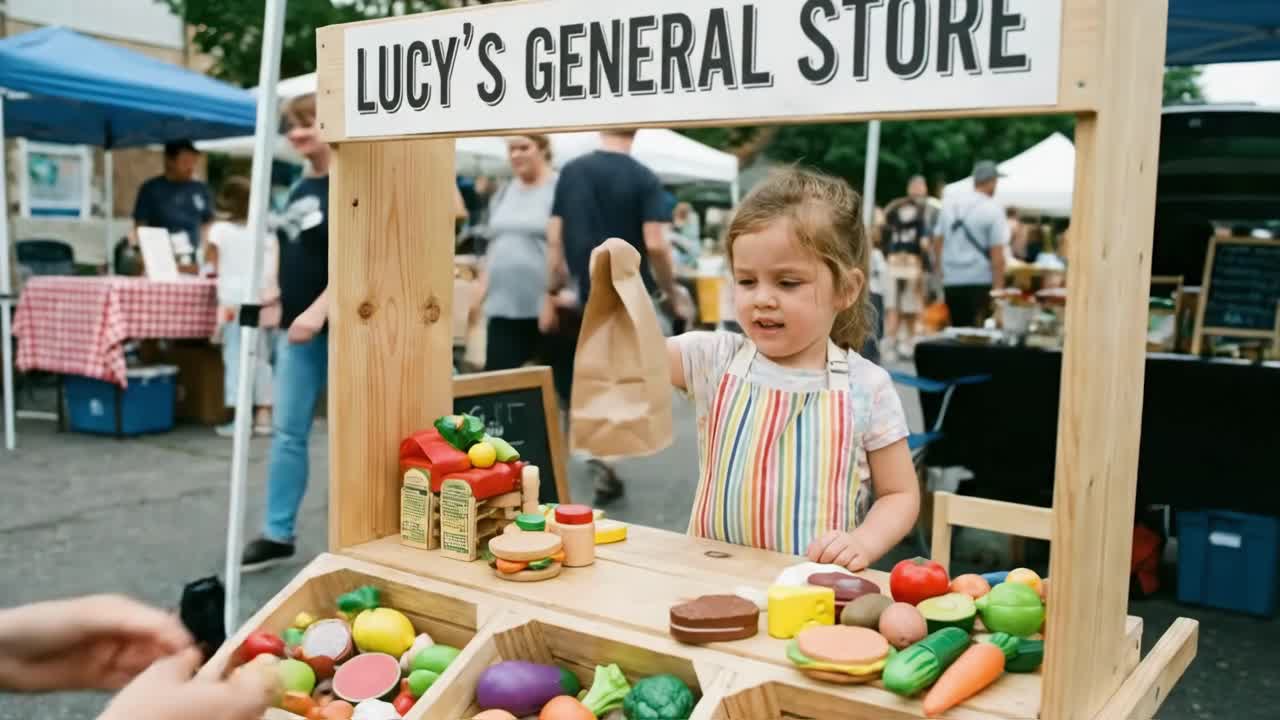 Pieni tyttö leikkii kauppaa leikkiruoilla ulkoilmassa