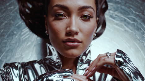 stylish woman in metallic outfit