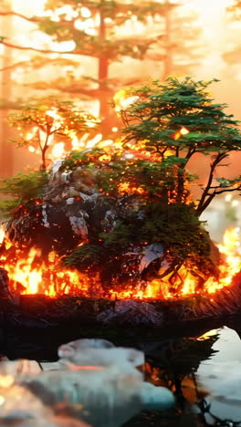 a small island surrounded by water with a fire burning on it. the fire is surrounded by trees and the island is covered in green vegetation