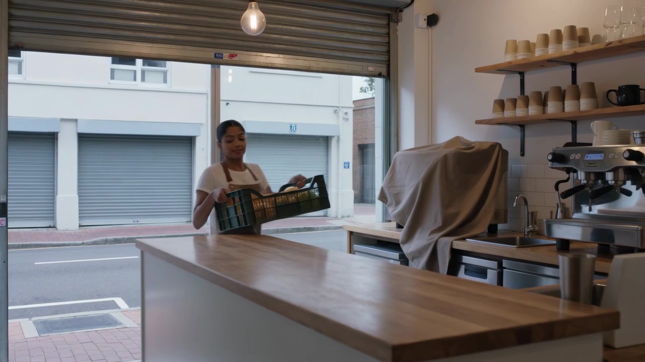 La porta si solleva, un barista con grembiule porta una cassa verde ed entra nel negozio posizionando i prodotti per il rifornimento.