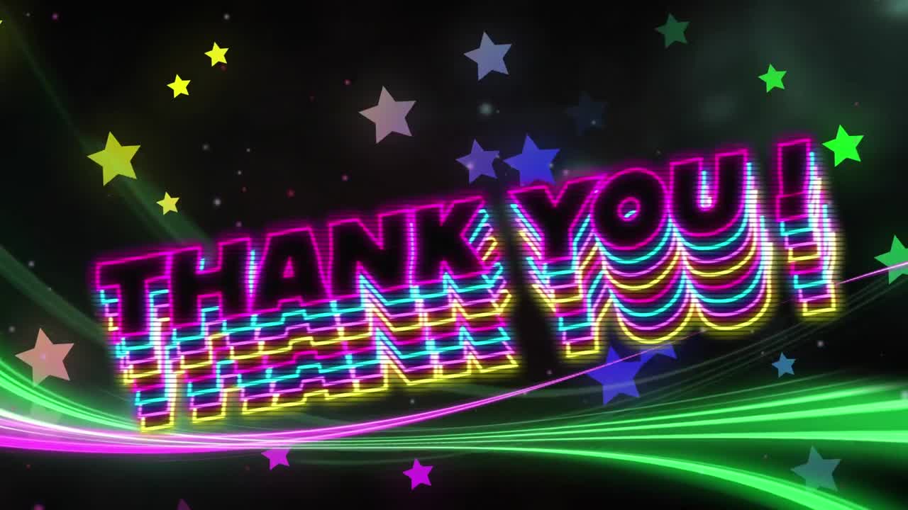 네온의 디지털로 생성된 비디오 감사합니다 텍스트, 반 ⁇ 이는 별과 블랙에 맞서 움직이는 빛의 흔적