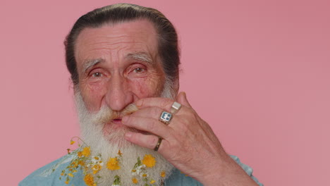 Cheerful-lovely-flowered-beard-senior-grandfather-fashion-model-smiling-and-looking-at-camera-alone