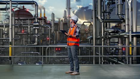 full body side view of asian male engineer with safety helmet taking note on the tablet and looking around while standing in a refinery, oil processing equipment and machinery