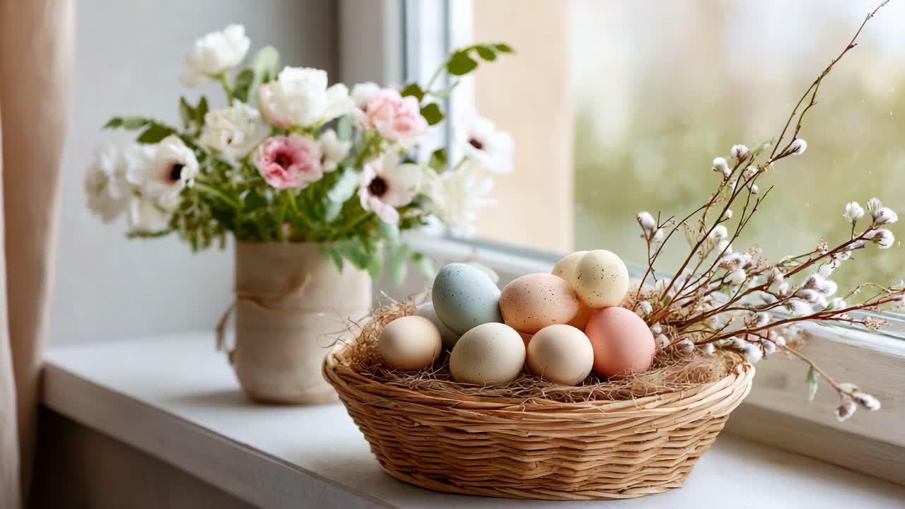 easter,eggs,basket,flowers,spring,decoration,nature,colorful,arrangement,home,interior,natural,floral,fresh,soft,light,vase,straw,pastel,scene,window,celebration,festive,art,design,charming,cheerful,season,vibrant,rural,detail,softness,texture,whimsical,tranquil,delicate,color,style,elegance,warmth