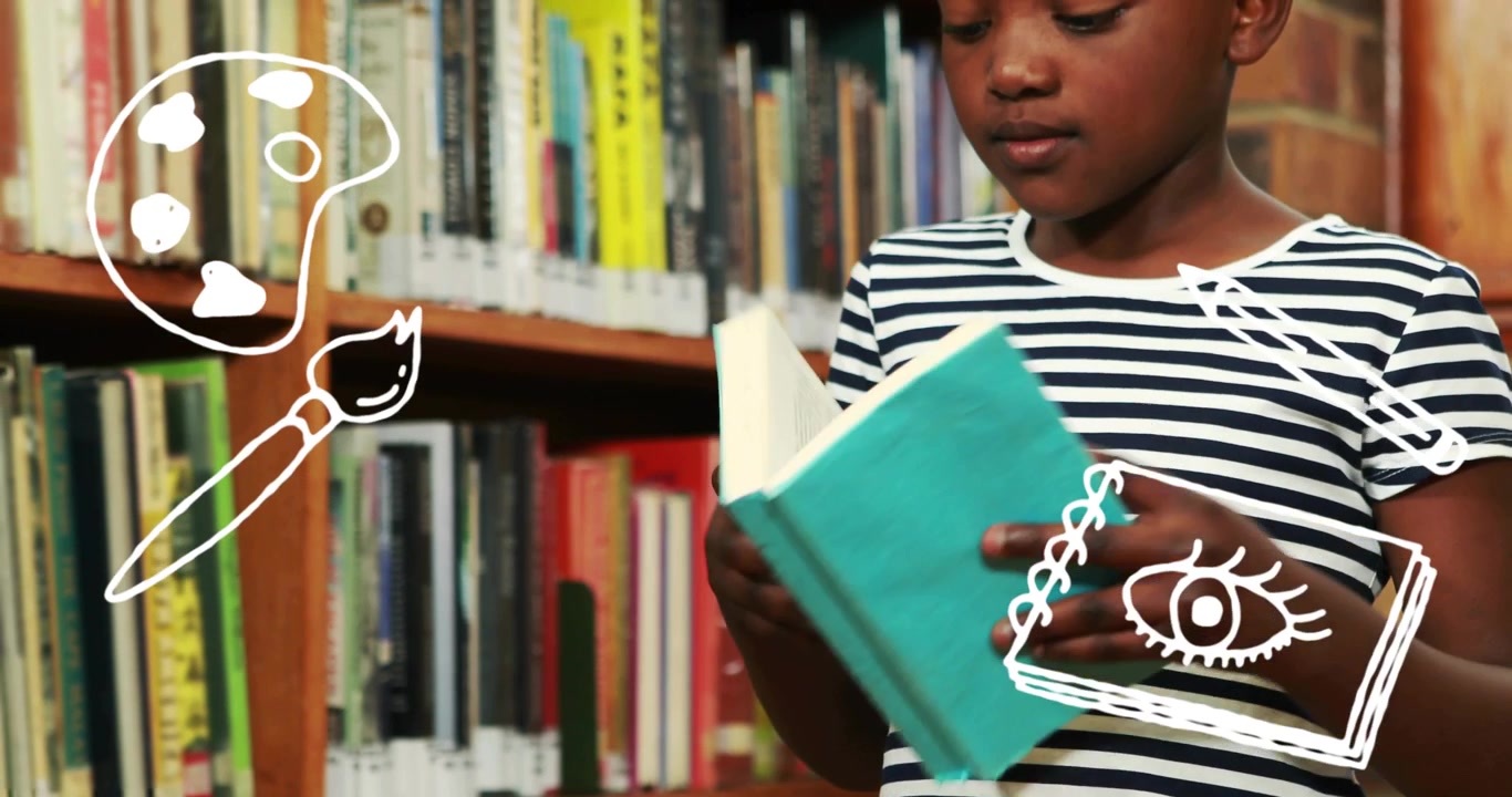 child studying teal book for school, cam panning up revealing face, white doodles on sides staying