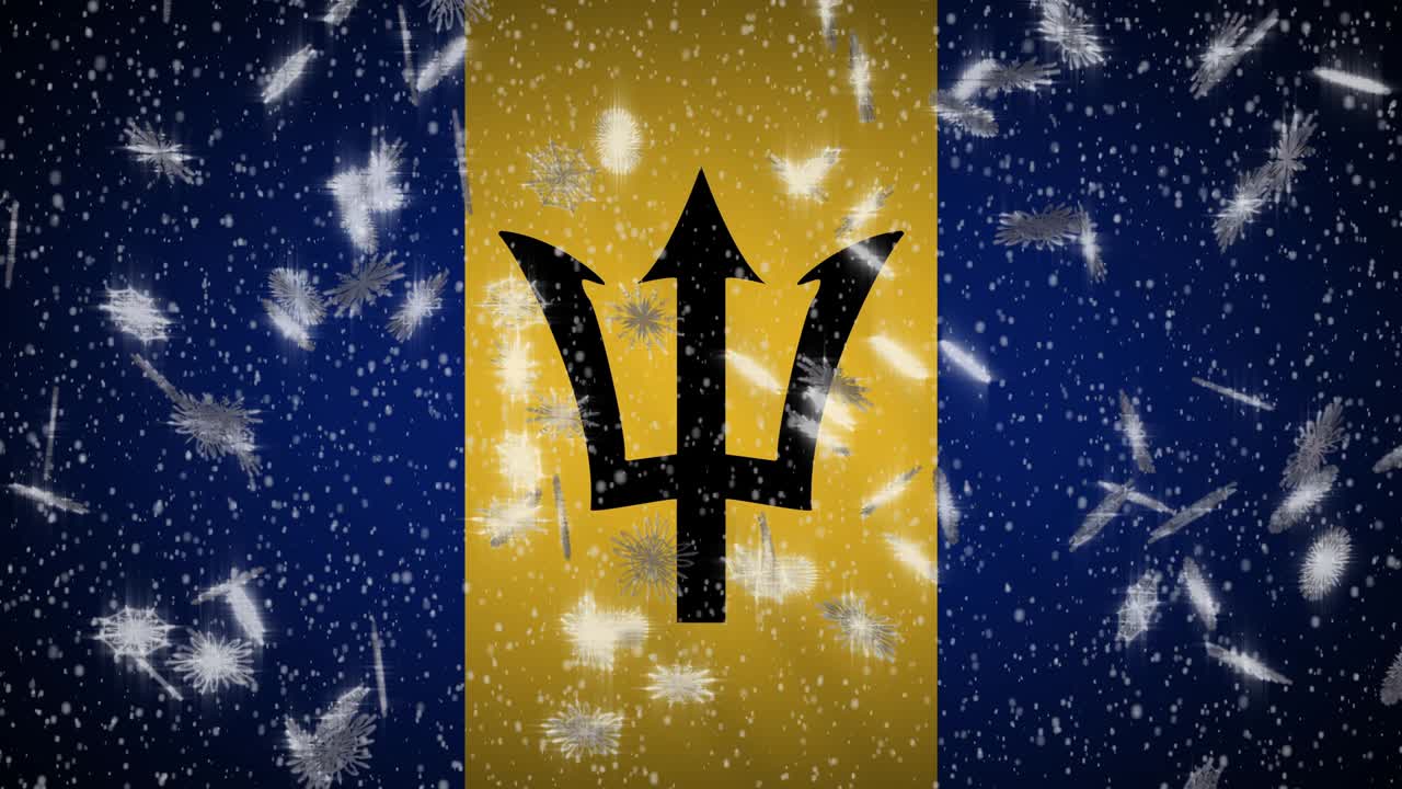 Barbados flag falling snow loopable, New Year and Christmas background, loop