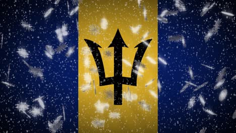 barbados flag falling snow loopable, new year and christmas background, loop