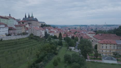 aerial drone shot prague castle mala strana czech republic cloudy sunset