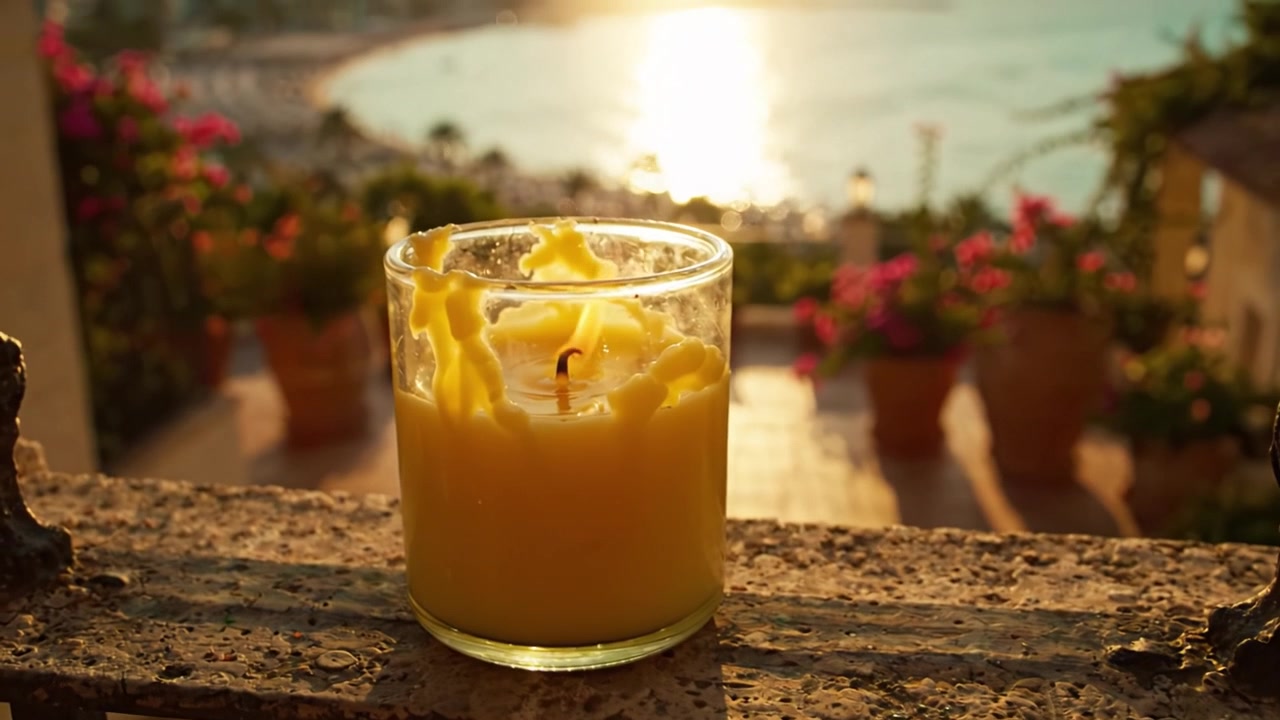 Una vista serena del tramonto con una candela accesa in primo piano, che illumina la sua cera mentre il mare scintillante e i fiori colorati creano un'atmosfera tranquilla.