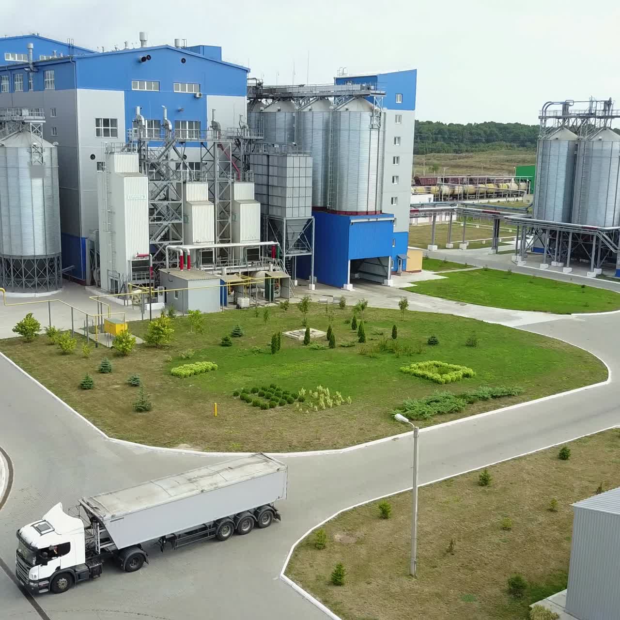 Grain elevator for storage of agricultural crops. Aerial view.