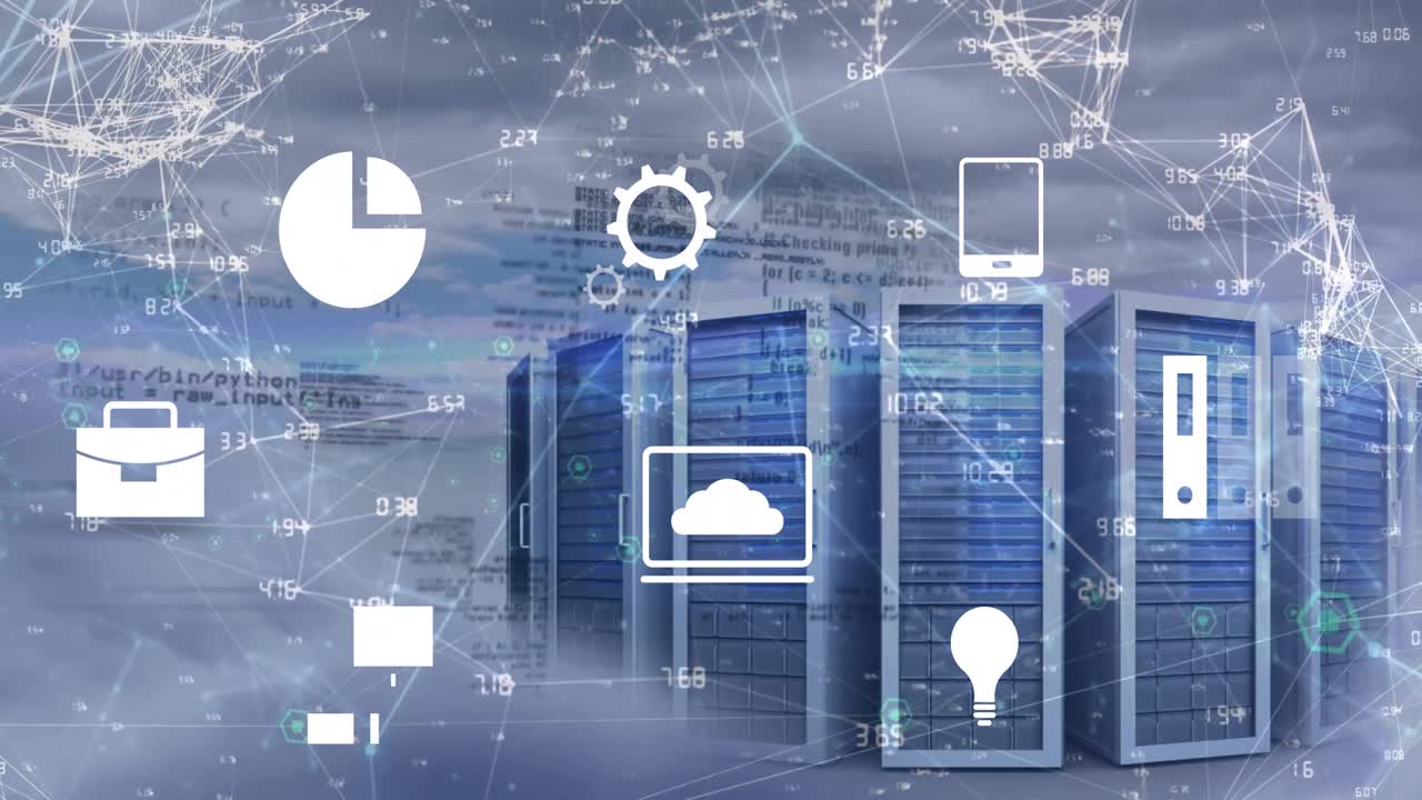 Animation of business icons and digital data processing over computer servers