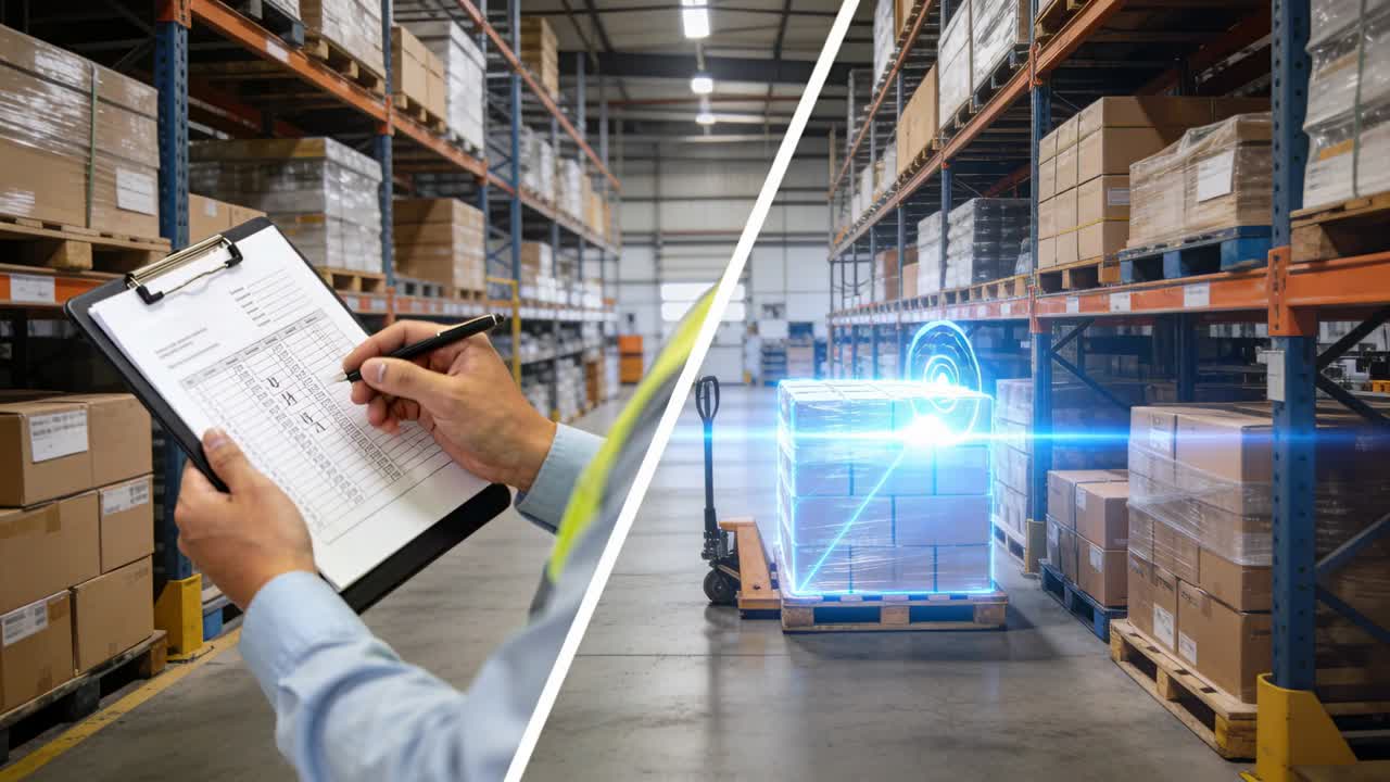 Vertical video: Scanning holo starting worker in safety vest marking stock on clipboard, copy space