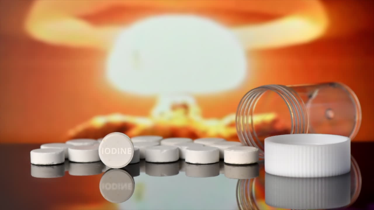 Scattered anti-radiation iodine pills, empty jar nearby, nuclear explosion on the background. Slow motion