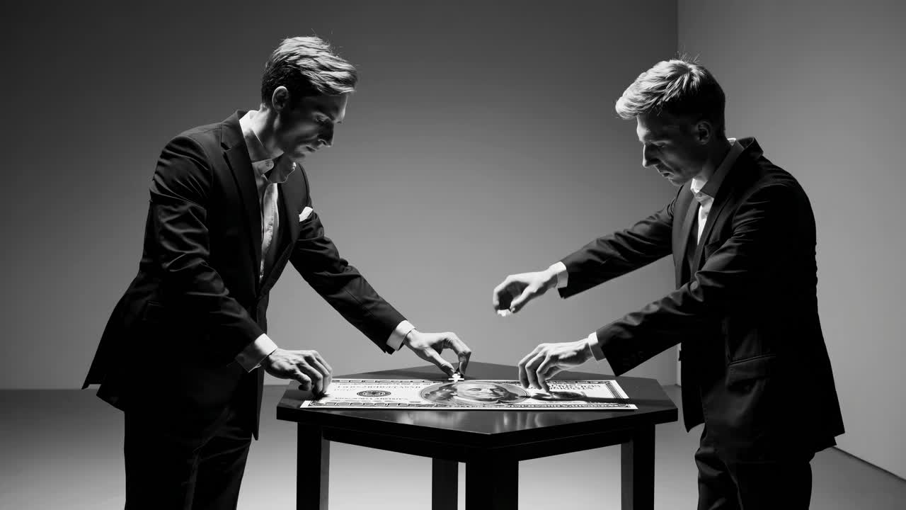 두 사업가 들 이 재정적 인 퍼즐 에 참여 하고 있다