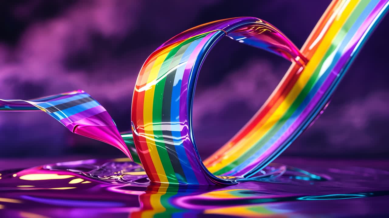 Vibrant Rainbow Ribbon Reflected in Purple Liquid