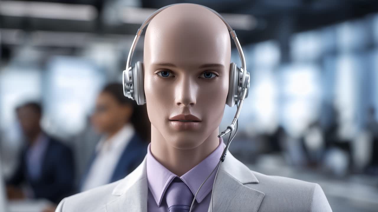 Humanoid robot in professional headset. Dressed in suit, standing in office. Background shows blurred colleagues. Focused, calm expression. Perfect for AI or customer service concept