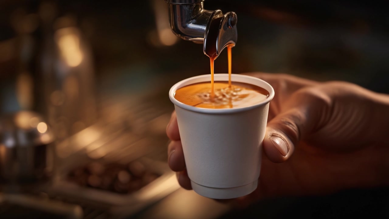 Un primo piano di un barista che versa con maestria un espresso ricco e aromatico in una tazza di carta bianca con una crema dettagliata, perfetto per gli amanti e gli appassionati di caffè.