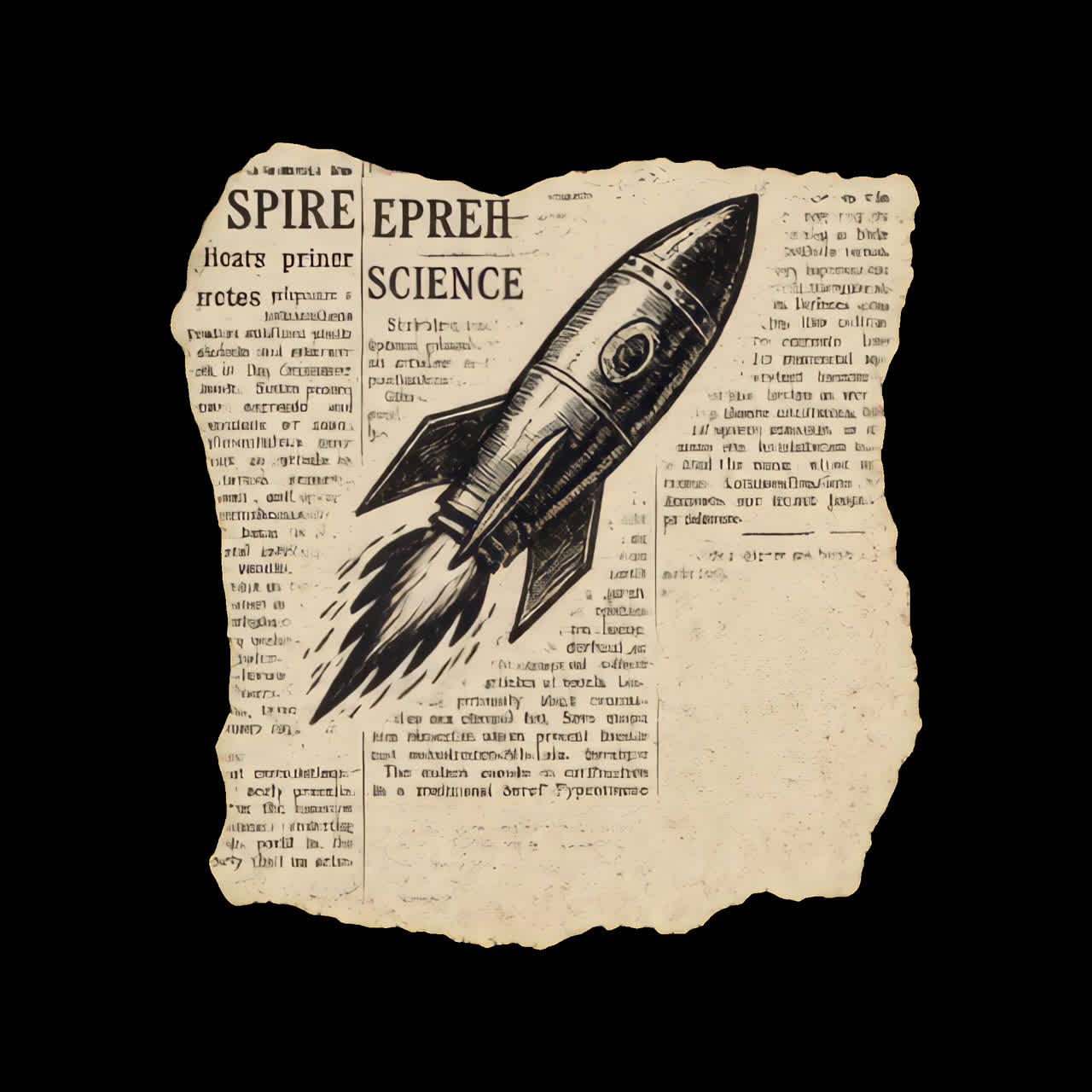 Vintage rocket newspaper collage animation isolated asset, transparent 4K video, alpha channel