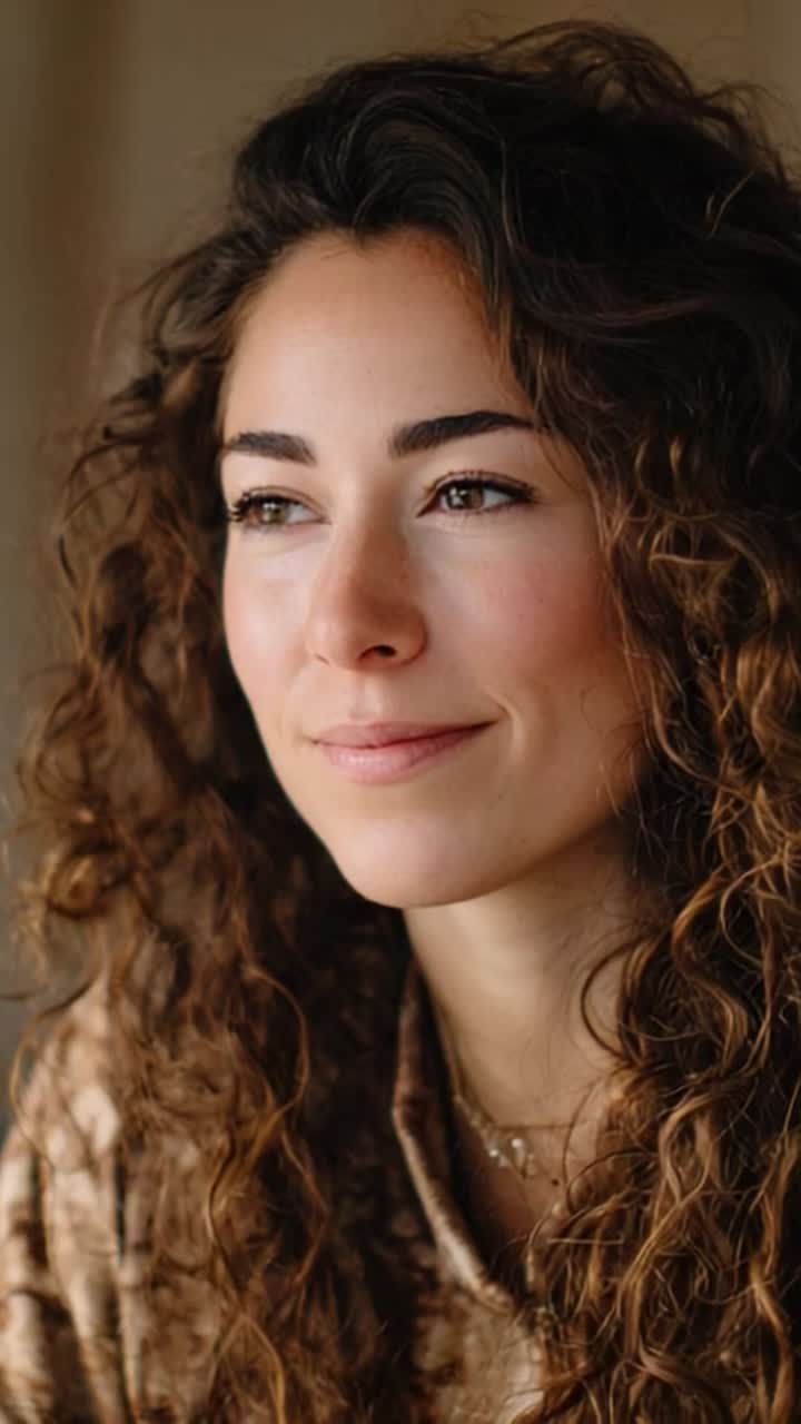 Captivating Close-Up of a Young Woman with Beautiful Curly Hair and a Radiant Smile, Showcasing Her Natural Beauty and Expressive Eyes in a Soft, Warm Atmosphere