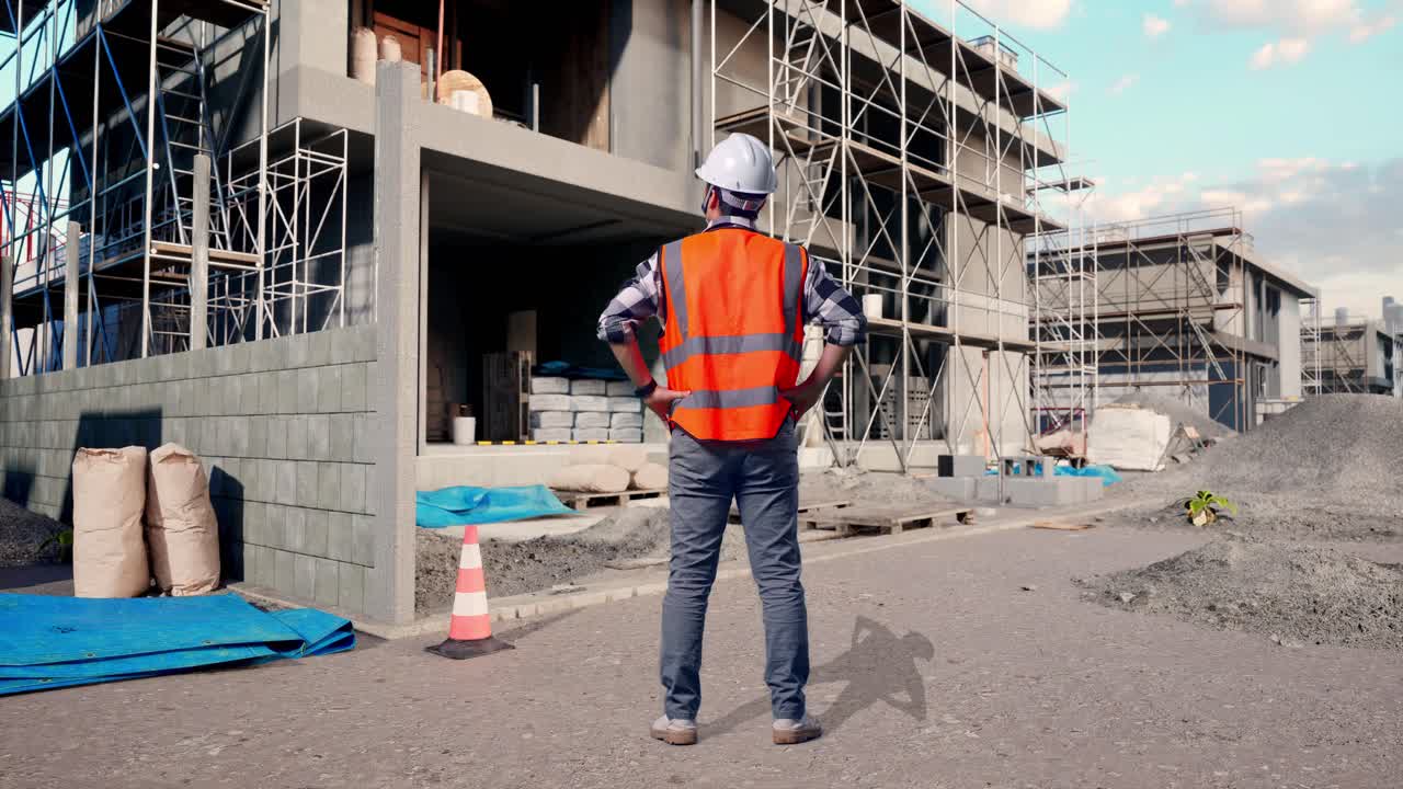 Full Body Back View Of A Male Engineer Wearing Safety Helmet Looking Around While Standing With Arms Akimbo At Building & Construction Site in Progress to New House