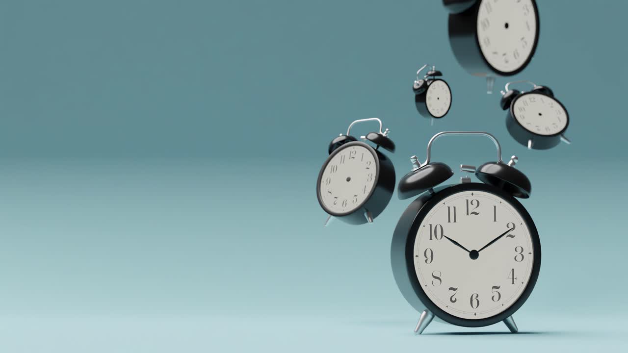 alarm clocks floating on a blue background