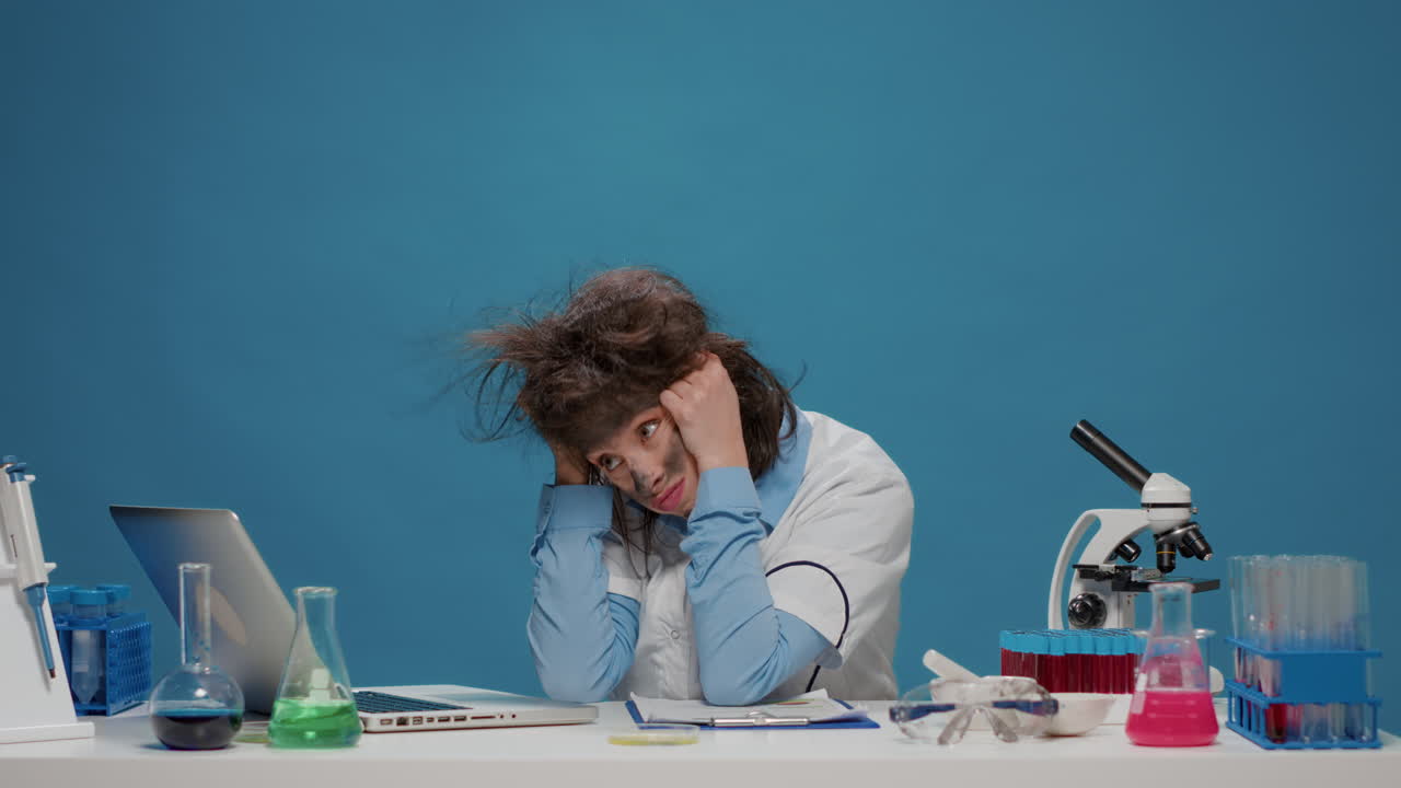 Simpatico scienziato pazzo che lavora al laptop e si comporta in modo folle