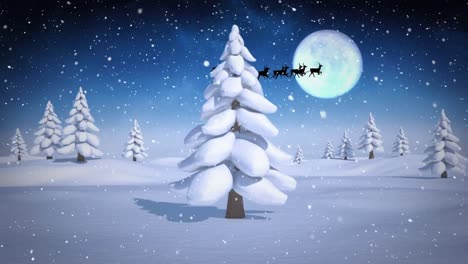 Animation-of-santa-claus-in-sleigh-with-reindeer-over-winter-scenery-with-snow-falling