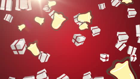 multiple christmas gift and bell icons falling against spot of light on red background