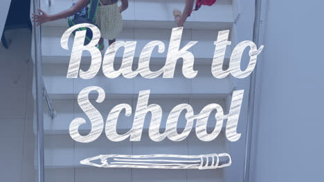 animation of back to school text over happy diverse school kids at school