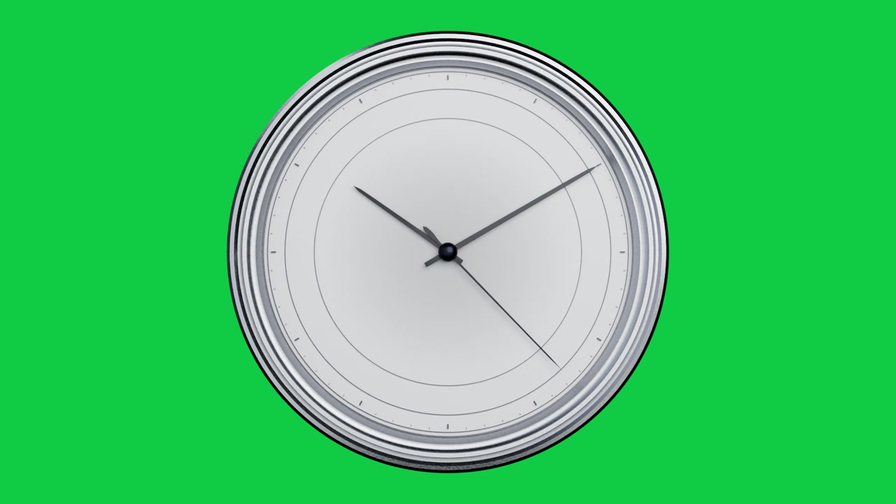 Orologio analogico rotondo con zoom in, lancette che ruotano in senso orario, che visualizza il tempo su sfondo trasparente.