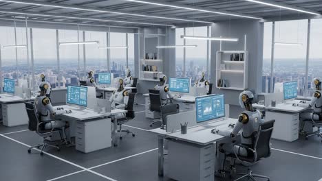 a futuristic office with advanced robotics: an insight into the future of workspaces featuring robots at desks utilizing cutting-edge technology in a modern setting