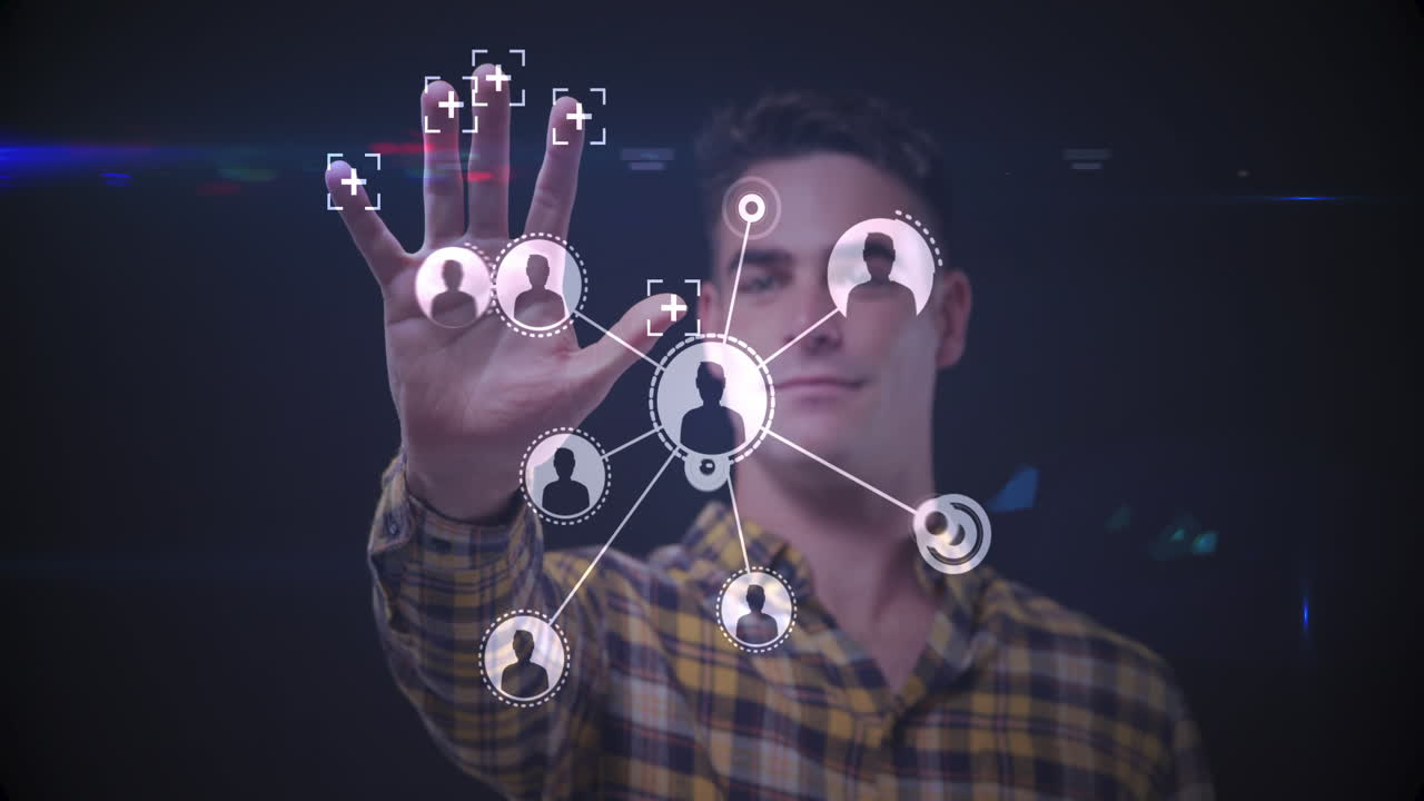 animación de un hombre tocando una pantalla interactiva con una red de conexiones con iconos
