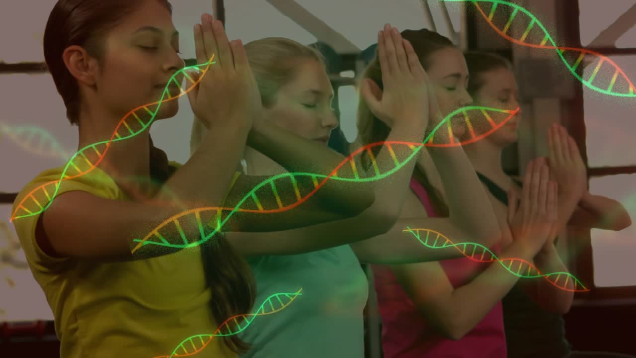 Women practicing yoga moving arms into prayer on inhale for calm while DNA helix overlaying them