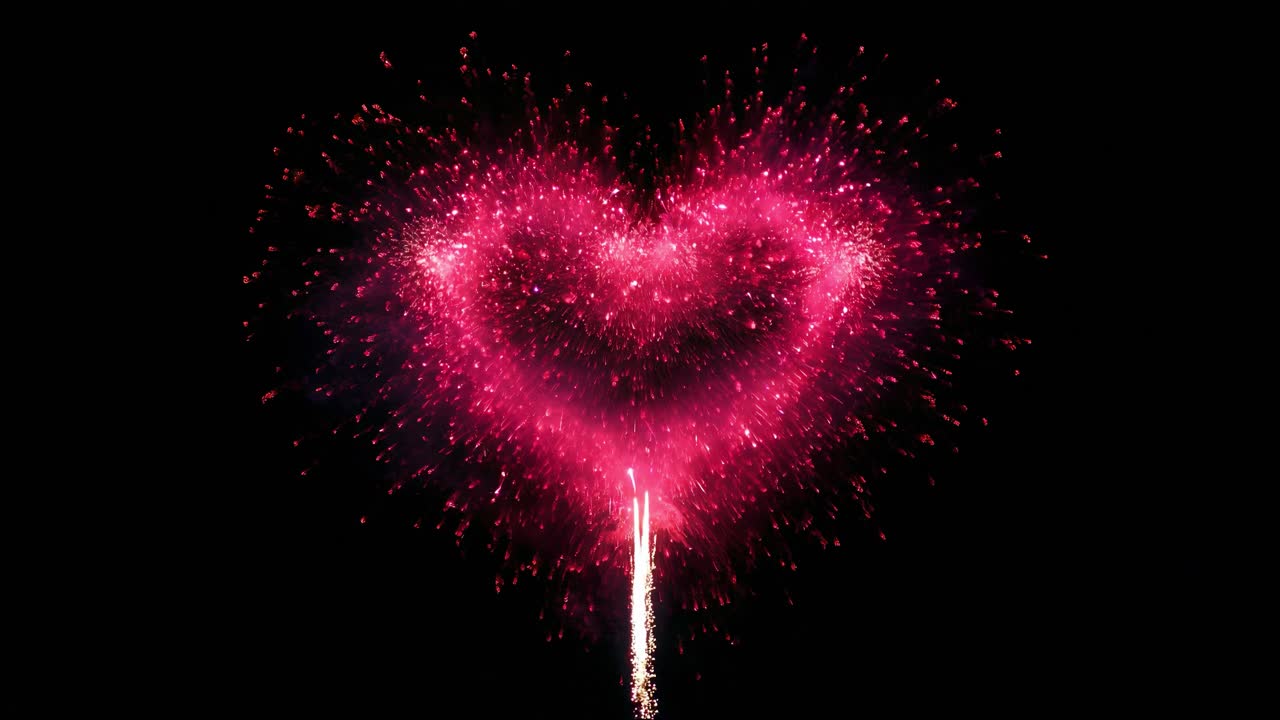 Heart-shaped fireworks burst against a black sky, captured from a low-angle, creating a romantic