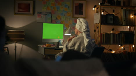 Busy-family-working-dark-home-closeup.-Carefree-woman-turning-man-at-room