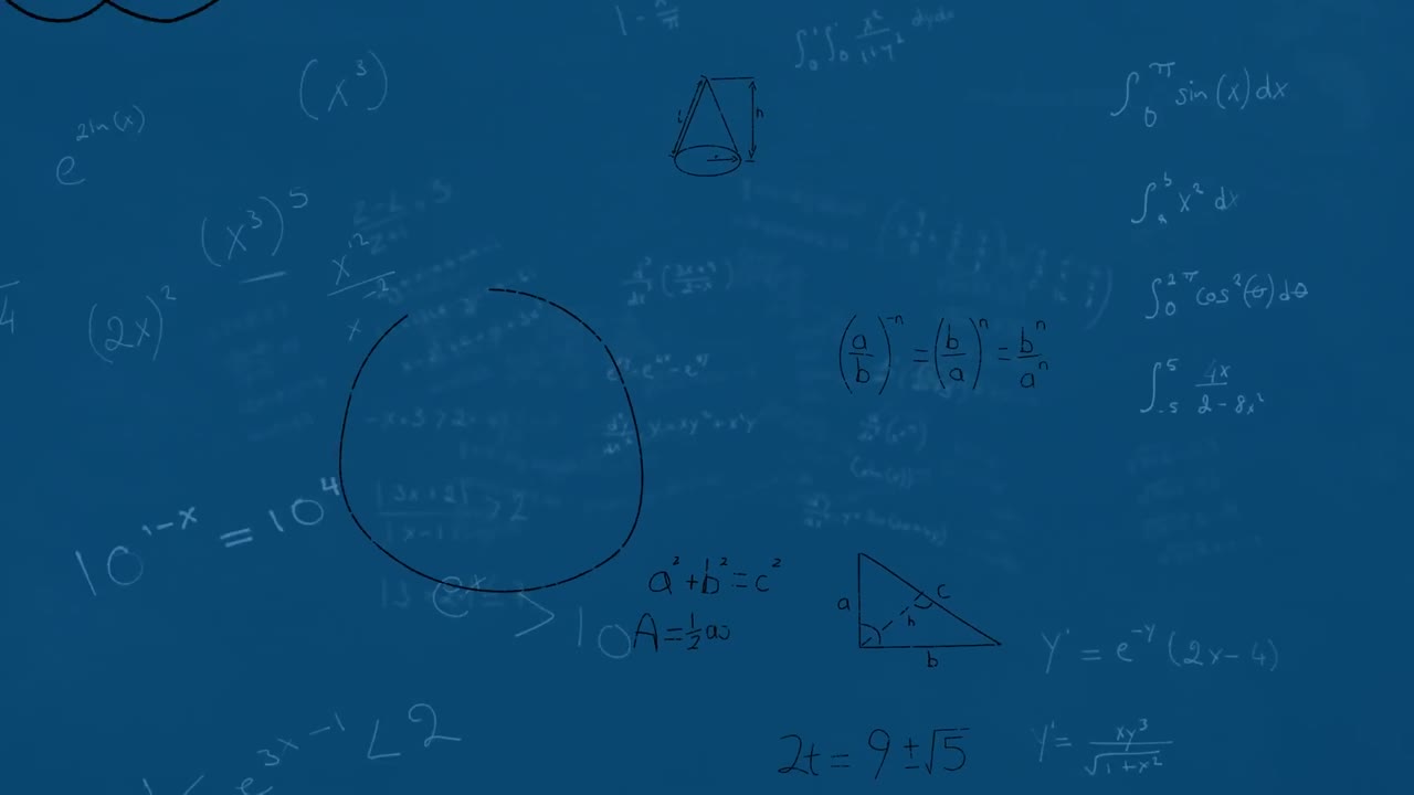 Animation of mathematical equations and diagrams floating against blue background