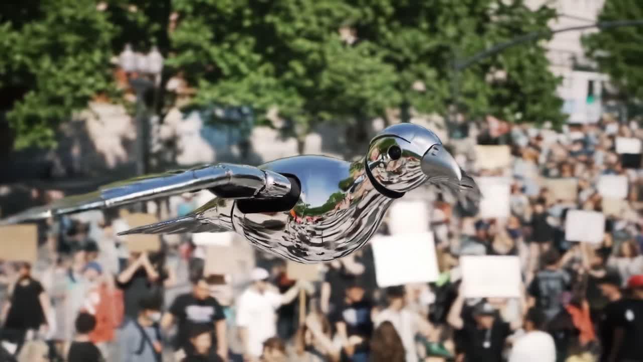 A Striking Metallic Bird Takes Flight Over a Gathering of Enthusiastic Protesters, Capturing the Intersection of Nature and Technology in a Vibrant Urban Setting